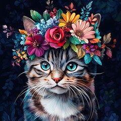 A Charming Feline Portrait Adorned with Vibrant Flowers Capturing the Essence of Natural Beauty and Feline Grace