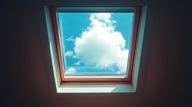 Sky view from a roof window. Bright blue sky with fluffy clouds seen through a square window - Powered by Adobe