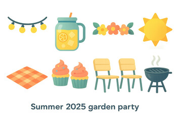 Summer garden party icons set – lights, lemonade, flowers, sun, picnic, cupcakes, chairs, grill. Flat icon set