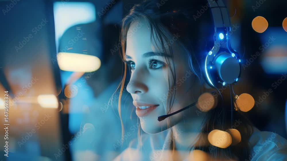 Aufkleber profile view of a woman with a headset. bokeh lights add a vibrant touch to the setting. illuminated
