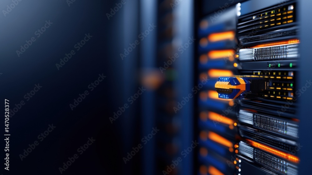Poster rows of server racks filled with network equipment are shown in a data center. bright leds indicate 