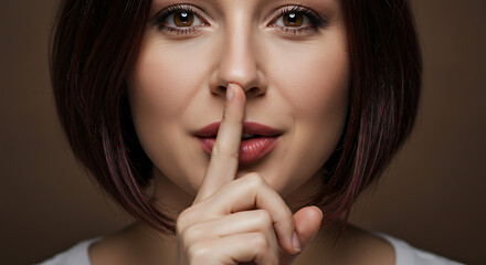 Fototapeta premium Woman Gesturing Silence with Finger on Lips. The woman says, Shh...!