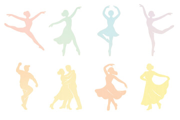 Elegant dance silhouettes icon set – ballet, pirouette, graceful, dancer, movement. Flat icon set