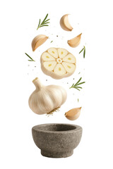 Fresh garlic cloves, rosemary and peppercorns floating above a stone mortar on isolated background