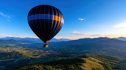 Obraz premium A vibrant hot air balloon drifts gracefully above lush green valleys at sunrise, showcasing the breathtaking mountainous landscape and small villages below