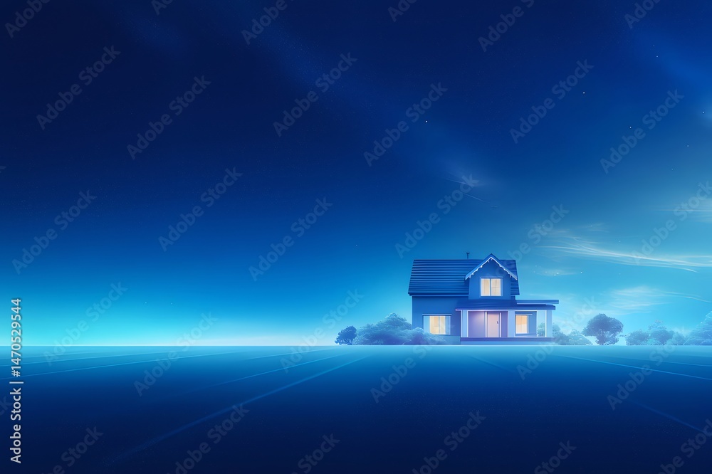 Poster 夜空の星の下にある青い家の美しい風景 青い色調と暖かい光が特徴の穏やかな住宅イラスト