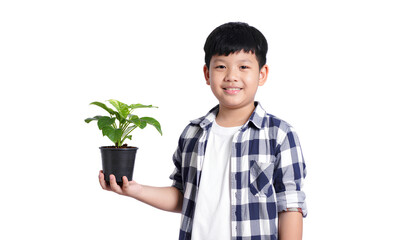 Happy Boy Holding a Small Potted Plant, Gardening Theme, Transparent Background
