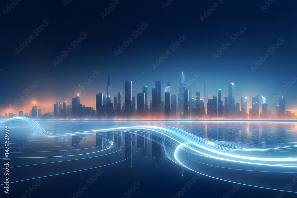Aufkleber 未来的な都市景観と水面反射と青い光のトレイルと抽象的なデザインと夜空の星
