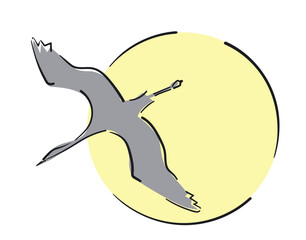 Minimalist flying crane in stylized ink lines with the moon as background