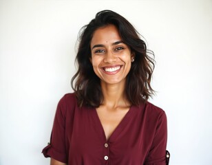 Fototapeta premium Happy Indian woman with dark hair smiles at camera. Attractive young adult female in casual clothes posing on white backdrop. Beauty portrait, cheerful look, friendly expression, positive vibe.