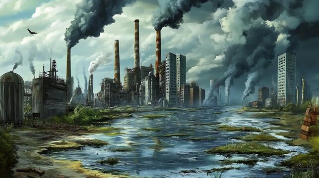 A heavily polluted river flowing through a city with factories along its banks 