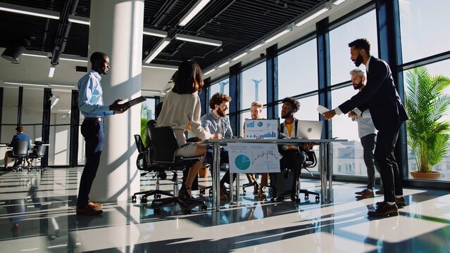 Diverse business team collaborating on project, analyzing charts and reports, engaging in discussion, sharing ideas, and working together in a modern office space with large windows