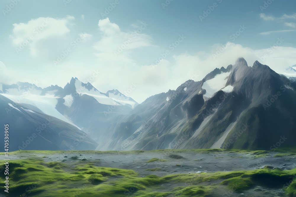 Aufkleber 緑豊かな草の多い前景の静かな日中の山の風景と晴れた空の下の丘
