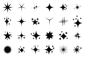 Twinkle templates stars and bursts. Decorative twinkle and bursts forms. Set of original star sparkle shapes. Twinkle star icon in black. Collection of different vector sparkling stars icon.