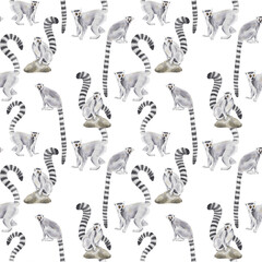 Seamless pattern with hand-drawn watercolor lemurs on a clear background. Perfect for textile, fabric, clothes, backdrop, wall hanging, wrapping, home decoration, design paper, scrapbooking