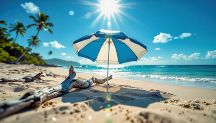 Naklejka premium A blue and white beach umbrella casts a shadow on a sun-drenched sandy beach, creating a tranquil tropical scene.