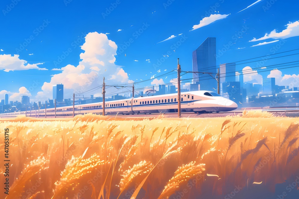 Poster 晴れた日に穂が揺れる野原を走る高速鉄道と背景にそびえ立つ高層ビル群のピクセルアート風風景
