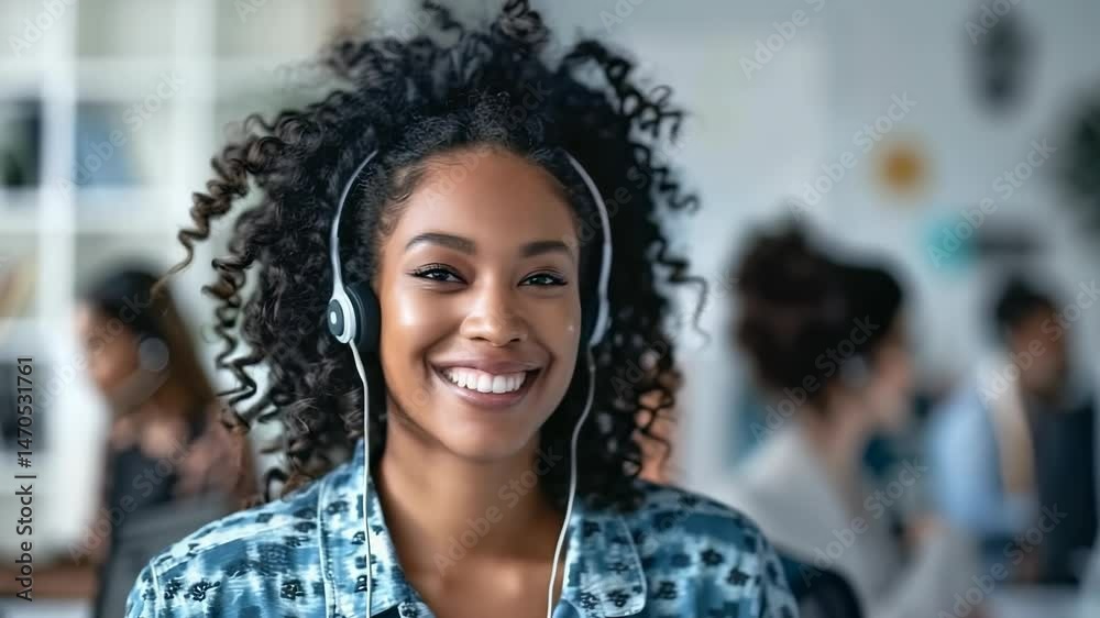 Poster a cheerful customer support representative with curly hair is seen smiling while wearing a headset, 