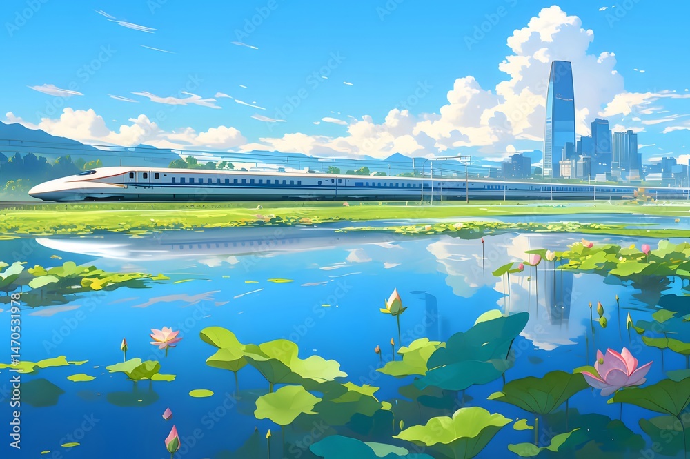 Poster 蓮の池の上の高速列車が未来的な都市の風景を背景にスムーズに滑空する様子を描いたアニメ調のイラスト