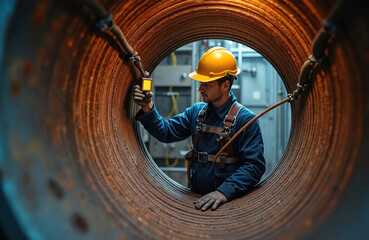 Male worker measures coil pipe circular thickness. Boiler scan. Worker wears yellow helmet safety harness. Rope access, dangerous, confined space. Ultrasonic inspection process, engineering industry,