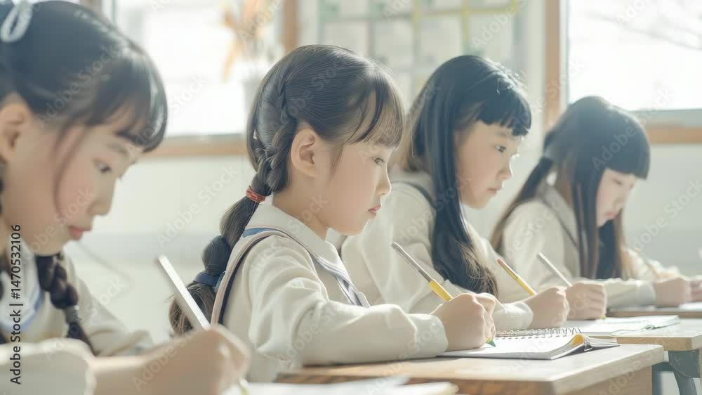 Poster a row of young students deeply focused on their work, seated at wooden desks in a sunlit classroom. 