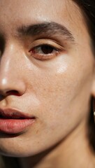 Fototapeta premium Photorealistic Close-Up Portrait of Young Woman with Natural Skin Texture in Soft Daylight – Beauty Editorial Style