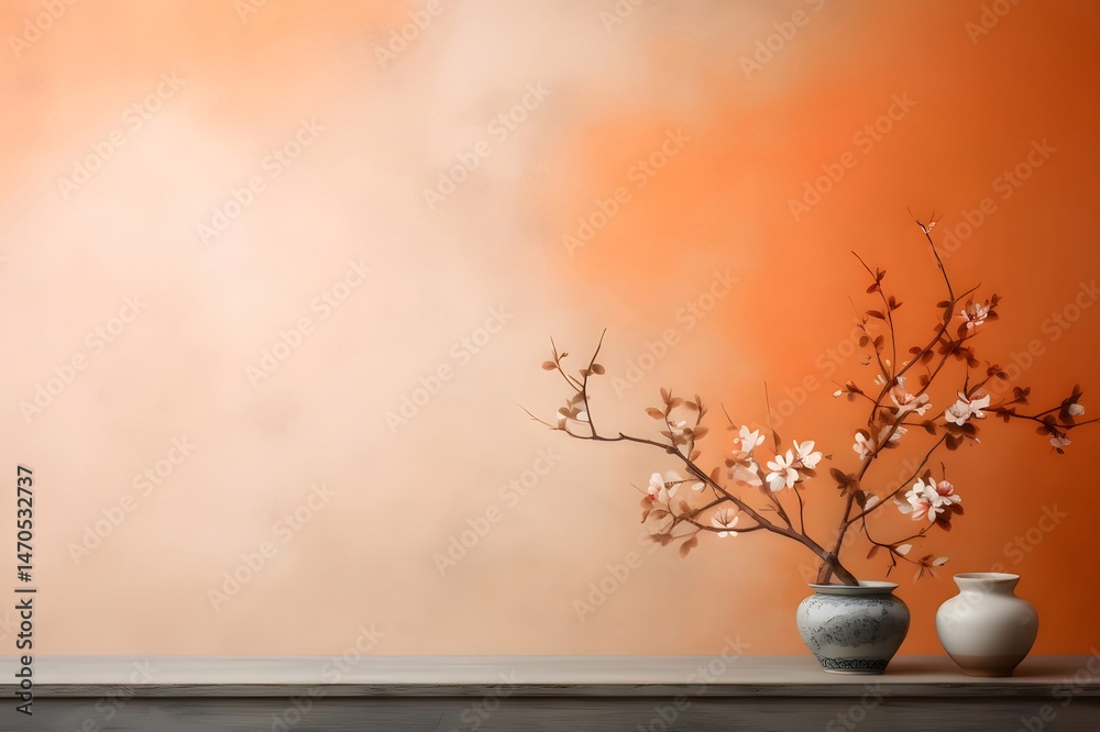 Poster 静物花瓶に飾られた白い花のある枝とオレンジ色の抽象的な背景アートのテーブル装飾的な花柄のデザイン静けさ