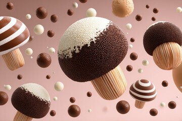 Fototapeta premium Chocolate Mushrooms with Sweet Treats, and Pink Background.