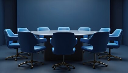Modern conference room features round table stylish blue chairs. Corporate meeting space with blue tones, ideal for business. Business meeting concept.