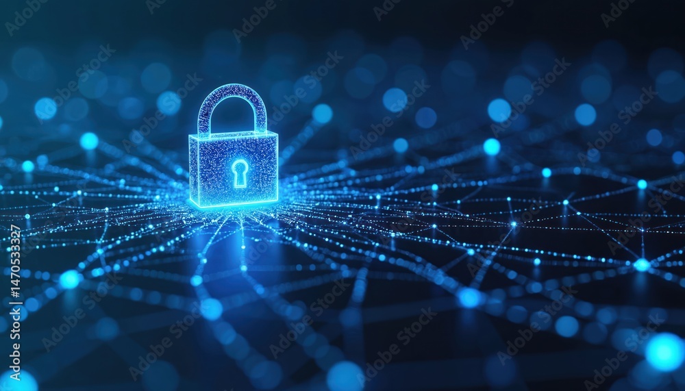 Poster cyber security concept data protection privacy network. glowing lock symbol with connected lines, do