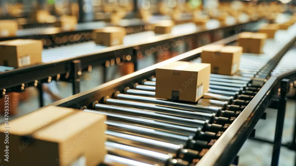 Poster Packages move along a metal conveyor belt. Focus on automated distribution and delivery. The image shows a streamlined process focused on the efficient movement of goods.