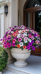 Abundant Bloom of Petunia Flowers A Flourishing Display in a Large Ornamental Stone Planter