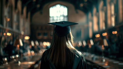 Female Graduation in Historic Hall with Dramatic Lighting and Bokeh, Wearing Cap and Gown, Rear View Symbolizing Achievement, Tradition, Education and Academic Ceremony