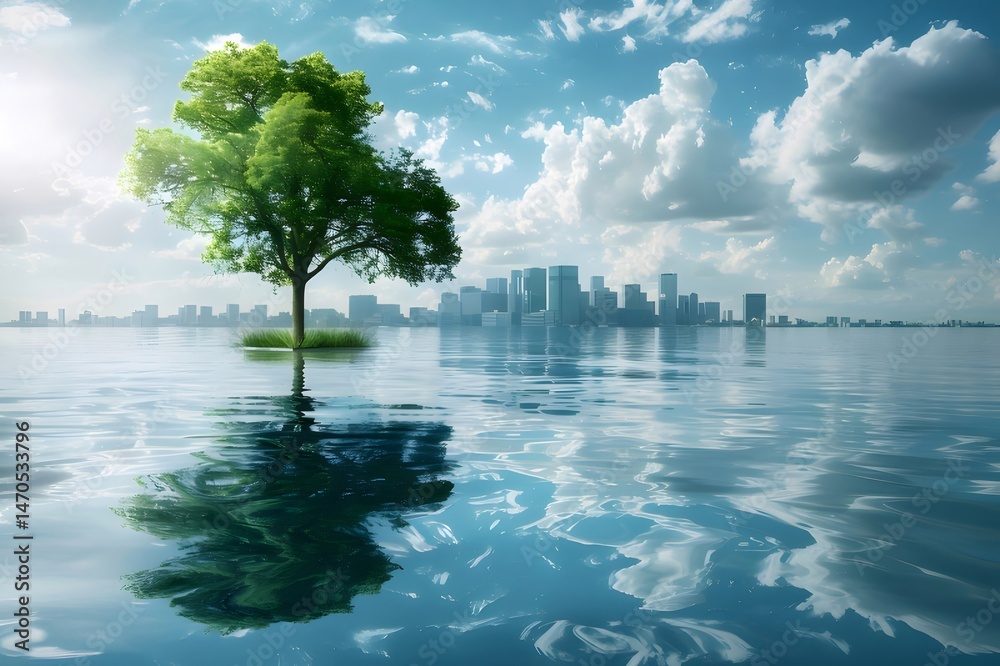 Aufkleber 水に反射する緑の木と都市のスカイラインを持つ穏やかな水景 鮮やかな緑と青の色合いを持つ持続可能な未来コンセプト 水面に映る都市と空の反射