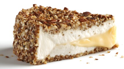A slice of nut-crusted brie cheese front view, a delectable visual for food enthusiasts and chefs