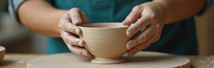 Hands mold clay pot in pottery workshop. Crafting session, focus on creating traditional earthen bowl. Handmade pottery, art concept. Skillful potter at work. Earthenware wheel turning ceramic