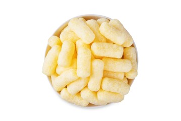 Corn sticks in a white bowl on a white isolated background