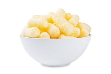 Corn sticks in a white bowl on a white isolated background