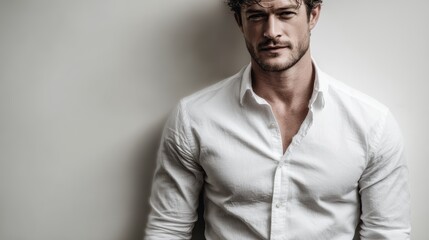 Obraz premium A portrait of a handsome model wearing a dress shirt with long sleeves, isolated on a background