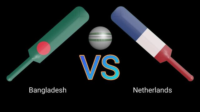 Bangladesh vs Netherlands match animation with bats and ball on black background