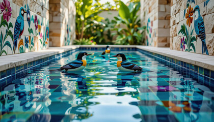 Decorative duck figurines float serenely in a rectangular pool adorned with colorful, patterned tiles and lush tropical greenery.