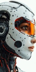 Close-up View of Futuristic Cyborg Woman with White Armor, Red Cables, and Translucent Orange Visor on a Bright Background