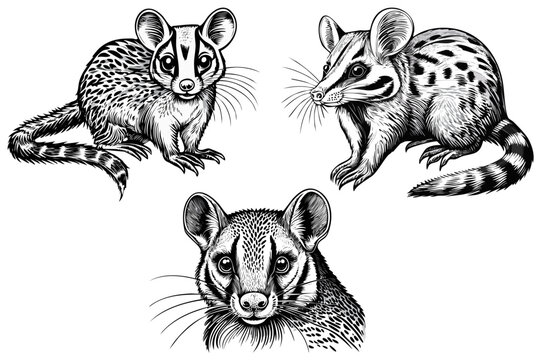 Black and white Australian Tiger quoll are carnivorous marsupials native to Australia and New Guinea (Dasyurus maculatus) spotted-tailed quoll, spotted quoll, spotted-tailed dasyure or tiger cat