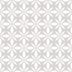 Vector seamless pattern in oriental style. Elegant grey and white geometric floral ornament. Abstract subtle background. Texture with flower shapes, grid, tiles. Repeated geo design for textile, print