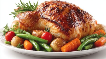 A roasted turkey with vegetables on a plate, isolated on a white background
