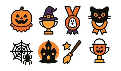 Flat vector icons of Halloween: carved pumpkin badge, witch hat trophy, spooky ghost medal, black cat ribbon, cobweb and spider icon, haunted house badge, broomstick star, candy bucket trophy.