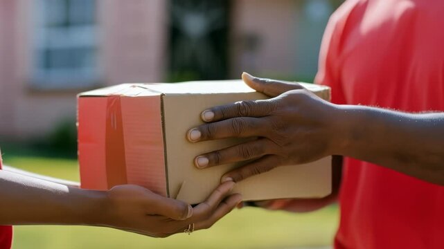 A person in a red shirt is handing a brown cardboard package to another person. The delivery is happening outside in daylight. The building behind is blurred. Close-up shot.