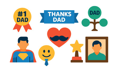 Flat vector icons of Father&rsquo;s Day messages and symbols: &ldquo;#1 Dad&rdquo; badge, &ldquo;Thanks Dad&rdquo; banner, heart with mustache, family tree with dad&rsquo;s name, Dad superhero icon, star trophy, smiling emoji with tie,