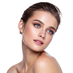 young woman with flawless skin and natural makeup poses gracefully, showcasing her beauty and elegance.