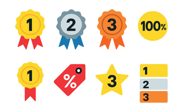 Flat vector icons of numeric badges: badge with 1st place, badge with 2nd place, badge with 3rd place, gold 100% circle, numeric award ribbon, percentage tag, star with number, rank icon with digits.